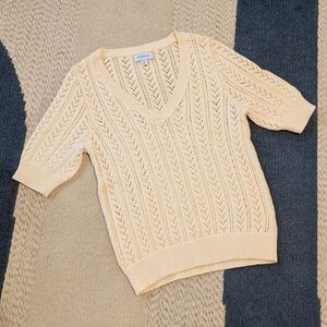 EVEREVE Nora Pointelle Open Knit Short Sleeve Sweater Cream Beige Cotton XS